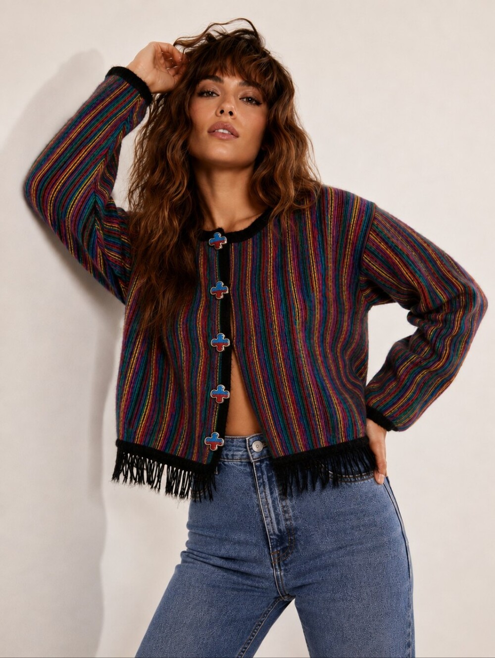 Vintage One Step Up Striped Fringe Mohair Cardigan Eclectic Boho 90s Women's S